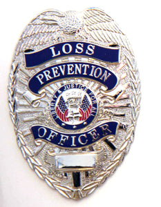 HWC Loss Prevention Officer with Full Color Justice Seal 3" x 2-1/4" Pin Back / Breast Badge - Silver
